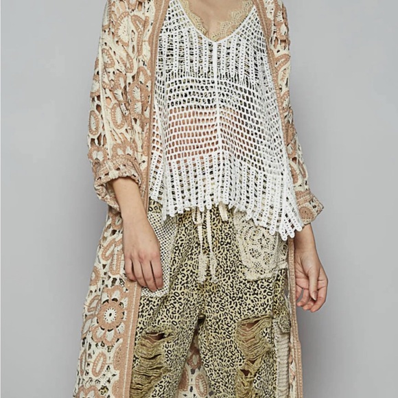 POL Cream and Tan Crochet Cardigan - Picture 1 of 8